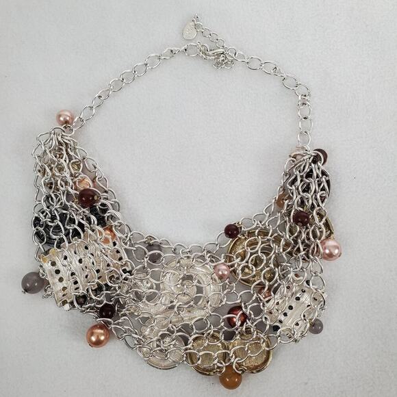 Lucia Multi-strand Metal, Pearl, Rhinestone Chunky Choker Necklace - Picture 7 of 7